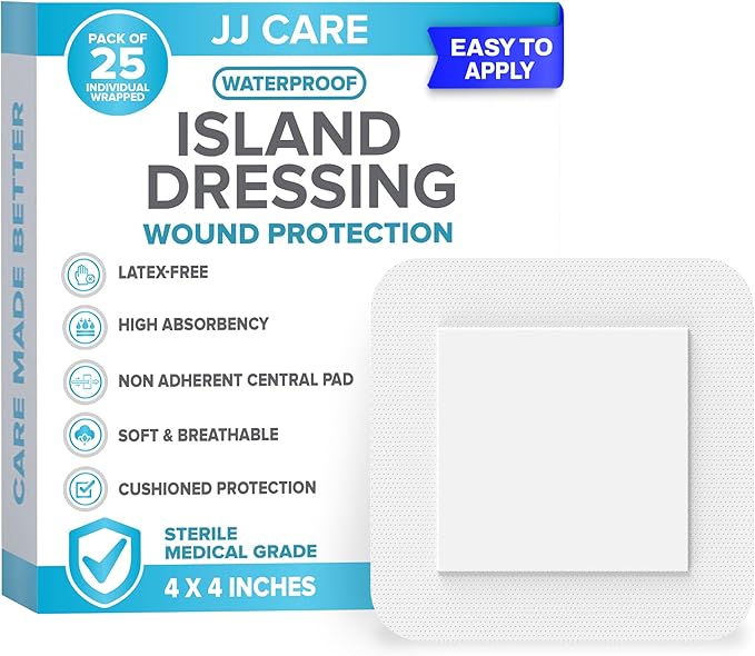 JJ CARE Waterproof Adhesive Island Dressing [Pack of 25], 4" x 4" Sterile Bordered Gauze, Breathable Island Wound Dressing, Individually Wrapped Adhesive Gauze Bandages with Non-Stick Central Pad