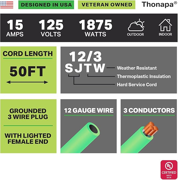 50 Foot Outdoor Extension Cord - 12/3 Heavy Duty Neon Green Extension Cable with 3 Prong Grounded Plug for Safety - Great for Garden and Major Appliances