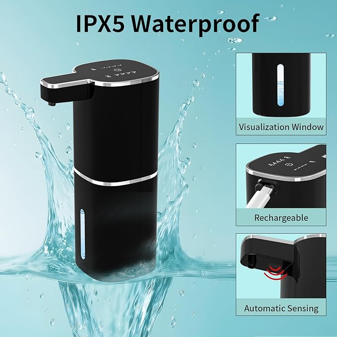 Automatic Soap Dispenser Touchless, Wall Mounted Smart Soap Dispenser, USB Rechargeable, 4 Adjustable Levels, 14.2oz / 420ml Large Capacity, for Bathroom, Kitchen, School (Black, Foaming)