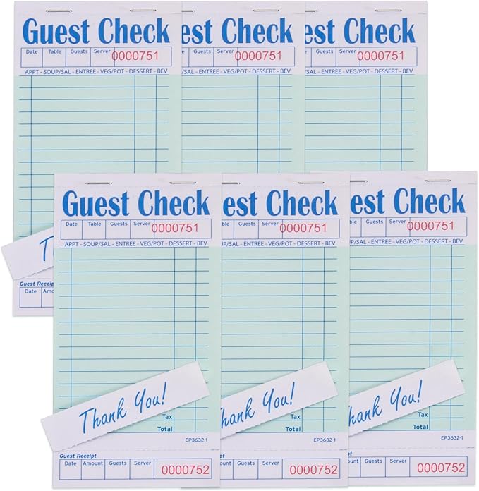 DGBDPACK 6 Guest Checks for Servers, Server Note Pads, Waiter Checkbook, Waitress Notepad for Restaurants, 50 Sheets/Pack, 300 Total Tickets,Thin Paper Checks