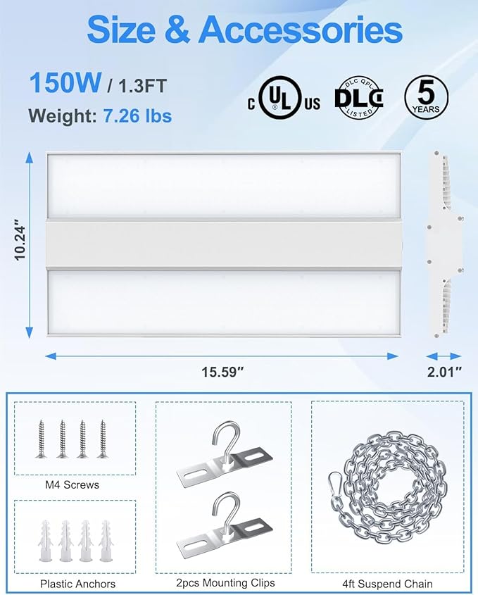 ADUB Linear High Bay LED Lights 150W, 1.3FT Hanging LED High Bay Shop Lighting Fixture 22,500 LM, 5000K Commercial Bay Light for Workshop Garage Barn, UL DLC Listed, AC100-277V, Dimmable, 5-Y, 8P
