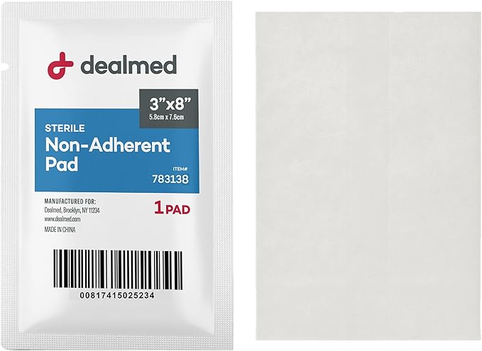 Dealmed Sterile Non-Adherent 3" x 8" Gauze Pads Non-Adhesive Wound Dressing, Highly Absorbent & Non-Stick, Painless Removal-Switch, Individually Wrapped for Extra Protection (Box of 50)