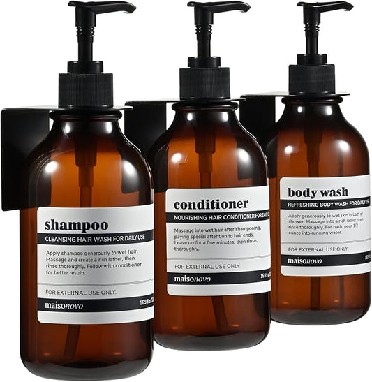 MaisoNovo Shampoo and Conditioner Dispenser - Shower Soap Dispenser Wall Mounted - 16.9 fl oz Set of 3 Amber Plastic Bottles Black Pump - 3 Chamber No Drill
