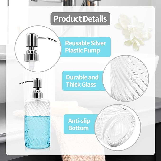 18 Oz Ribbed Glass Soap Dispenser with Stainless Steel Pump, Refillable Liquid Soap Bottle for Bathroom, Kitchen, Hand Soap, Dish Soap, or Lotion