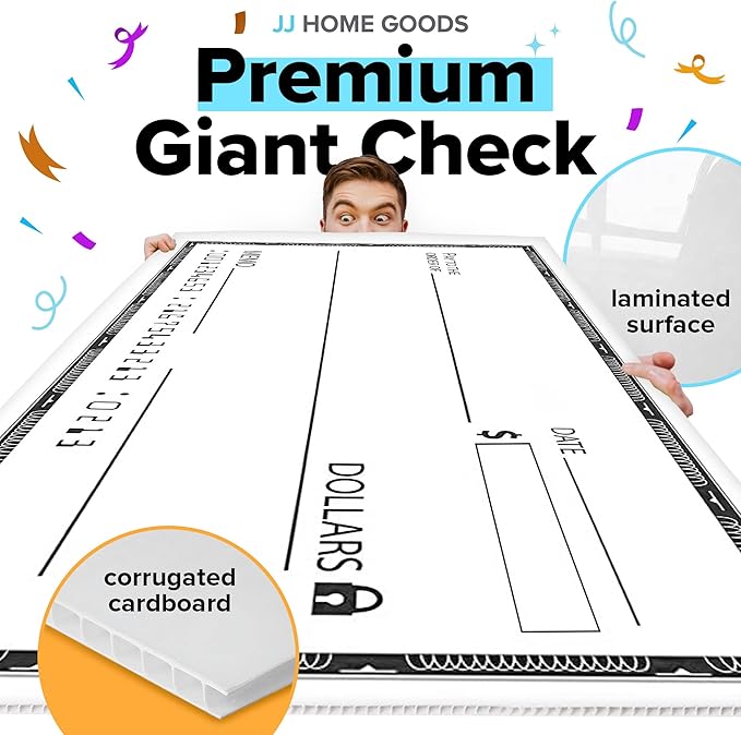 Reusable Giant Check [48" x 24"] - Dry Erase Big Checks for Presentations, Oversized Checks for Presentation, Novelty Big Check, Giant Big Fake Check, Large Checks for Presentations, Donation, Awards