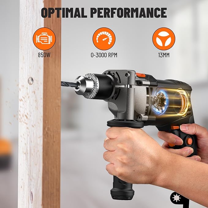 DOVAMAN PHD03B 7.5A Corded Hammer Drill, 1/2'' Impact Drill with Variable Speed 0–3000RPM, Metal Chuck, 2 Modes for Concrete, Wood, Metal – Includes Bits & Carrying Case