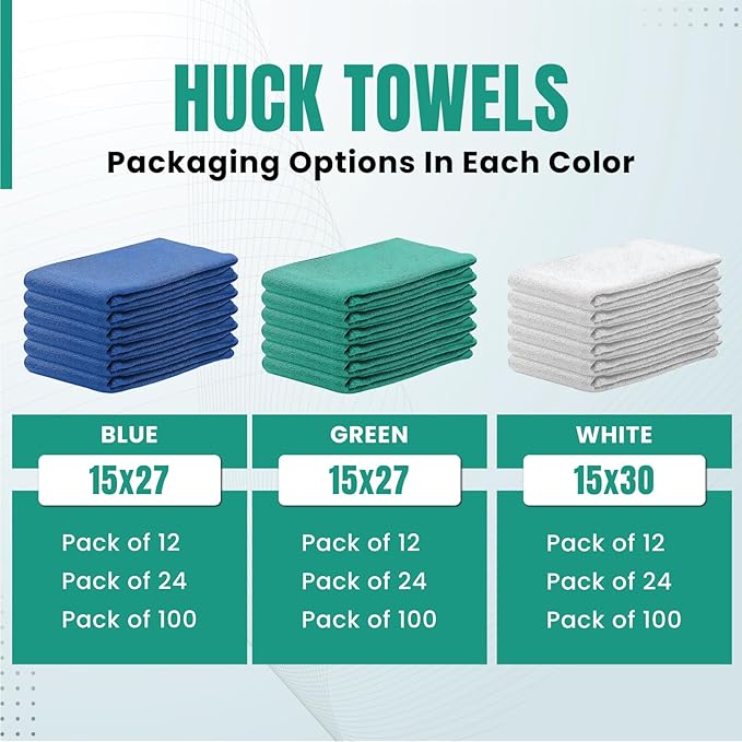 Premium Green Huck Towels – (24 Pack) 15 x 27 inches 100% Cotton Bulk Towel for General Cleaning, Auto Shop, and Hospital Use, Super Absorbent, Machine Washable Cloth