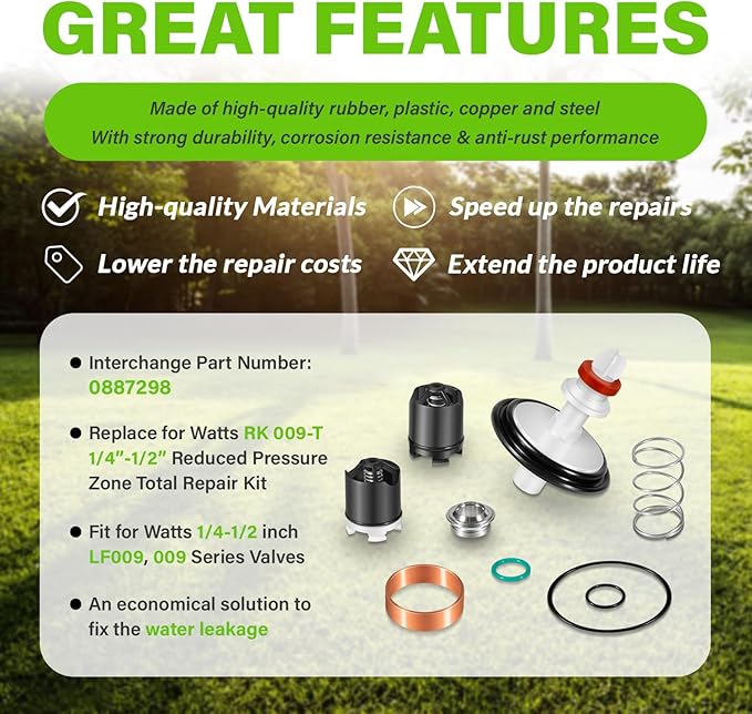 0887298 Total Repair Kit, Includes First and Second Check Assemblies, for Watts 1/4-1/2" LF009, 009 Replace for RK 009-T 1/4"-1/2" Reduced Pressure Zone Total Repair Kit