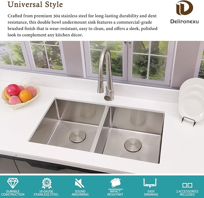 32 Inch Double Bowl Kitchen Sinks Undermount – Delironexu 16 Gauge Stainless Steel Kitchen Sink Double Bowl, 32x18 Undermount kitchen Sink with Brushed Finish, 50/50 Double sink