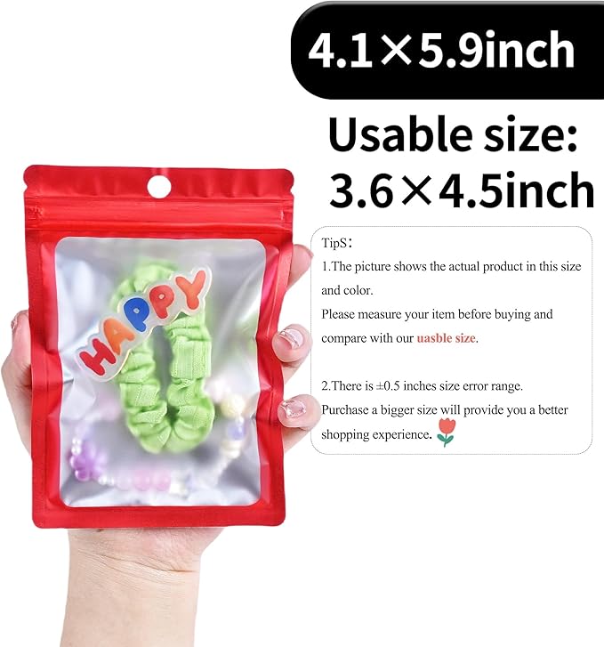 100 Pack Resealable Plastic Bags for Food Storage, Zipper Bags with Clear Front Window, Packaging Pouch for Small Business (Red, 4.1x5.9 inch)