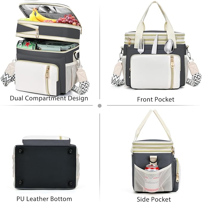 LOKASS Lunch Bag& Lunch Box for Men Women Double Deck,Large Insulated Adult Lunch Box Leakproof Lunchbox Cooler Bag for Work Picnic Beach,（Gray&White）