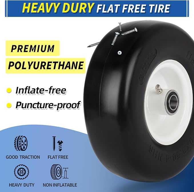 9x3.50-4 Flat Free Lawn Mower Tire and Wheel, Smooth Tread Tire for Zero Turn Mowers, Bearing Bore 3/4" & 5/8", Centered Hub Length 3.5"-4"-4.5"-5", 2 PCS