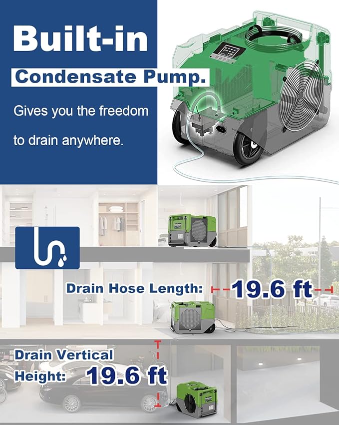 ALORAIR LGR Commercial Dehumidifier 264 PPD with Pump, Up to 3,000 Sq.Ft Industrial Dehumidifier, Compact, Portable, for Water Damage Restoration, Basement, Crawl Space, Green