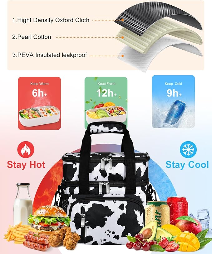 Lunch Box for Women, Double Insulated Lunch Bag Reusable Leakproof Cooler Bag Portable Picnic Food Bag, Adult Lunch Tote Lunch Bag for Work, Construction Worker, Truck Driver-Cow Print