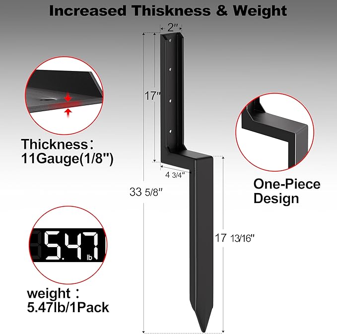 Fence Post Repair Kit, Heavy Duty 11-Gauge Steel Stakes (5.47lbs Each) with Stainless Steel Hardware, Ground Anchor Support & Stabilizer for Repairing Leaning, Broken, Wobbly Wood Fences