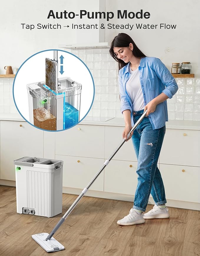 Mop and Bucket Set with AUTO Pump, 3-Zone Separate Dirty and Clean Water, Flat Mop and Bucket System with Wringer and Wheels, 4 Reusable Microfiber Pads, One-Touch Water Filling for Home Cleaning