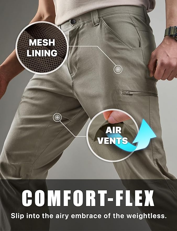 CQR Men's Vent Stretch Pants, Quick Dry Lightweight Casual Cargo Pants, Water Resistant Straight-Fit Utility Work Pants