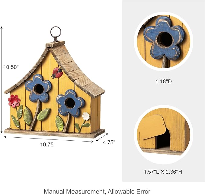 Glitzhome Hanging Birdhouses for Outside, 10.75" L Distressed Solid Wood Birdhouse with 3D Flowers Rustic Two-Story Townhouse Hand-Painted Bird Houses for Outdoors,Washed Yellow