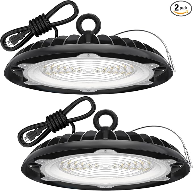 HYPERLITE Led High Bay Lights: 150W High Bay Led Shop Lights 18000LM 5000K IP65 120V UFO Led High Bay Light with 6ft Power Cord for Barn Shop Garage Workshop 2Packs