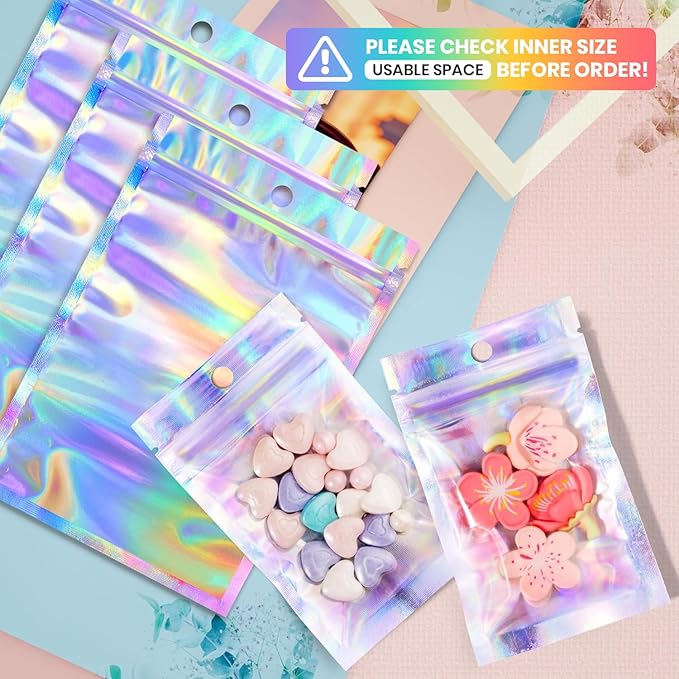 Funfery 100 pc Mylar Holographic Bags Packaging Bags,2.4x3.9in Clear Resealable Smell Proof Bag Foil Pouch Bag for Party Favor,Food Storage Baggies Packaging for Small Business