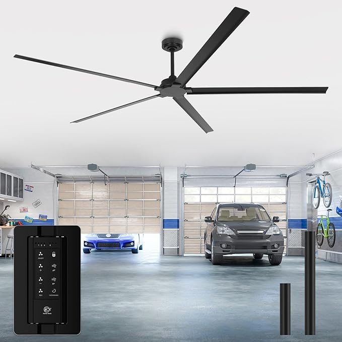 84 Inch Ceiling Fans without Lights, Waterproof Outdoor Ceiling Fans with Remote, Industrial Black Ceiling Fan No Light with 6-Speed Reversible DC Motor for Patios Shop Garage, 5 Aluminum Blades