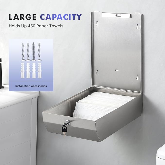 Paper Towel Dispenser Wall Mount: Commercial Paper Towel Dispenser with Lock - 304 Stainless Steel Hand Towel Dispenser for Bathroom, C-fold/Tri-fold/Multi-fold, Silver
