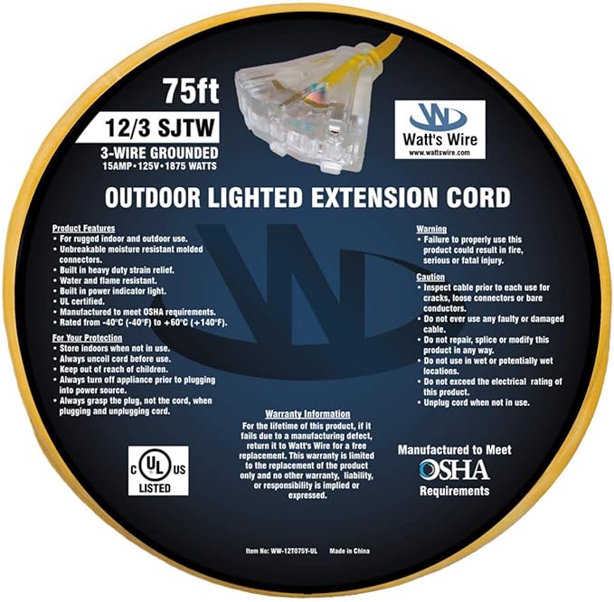 75 ft Outdoor Extension Cord Waterproof - 12 Gauge Heavy Duty Extension Cord Splitter - Lighted Outdoor Extension Cords with Multiple Outlets - Watts Wire - 75' Grounded - extensiones electricas