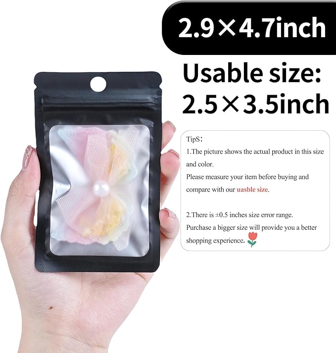 100 Pack Resealable Plastic Bags for Food Storage, Zipper Bags with Clear Front Window, Packaging Pouch for Small Business (Black, 2.9x4.7 inch)