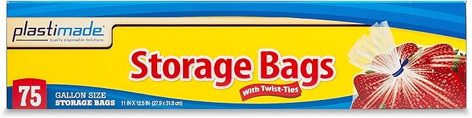 Disposable Plastic Storage Bags With Original Twist Tie, 1 Gallon Size, 75 Bags, Great For Home, Office, Vacation, Traveling, Sandwich, Fruits, Nuts, Cake, Cookies, Or Any Snacks (1 Pack)