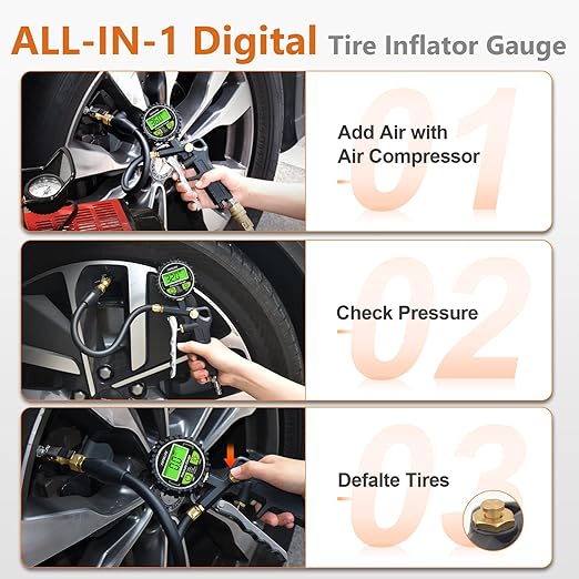 SAFELIFE Digital Tire Pressure Gauge with Inflator, 250 PSI Air Chuck with Pressure Gauge and Air Compressor Tire Inflator Attachment Include Quick Connect Coupler, 0.1 Display Resolution