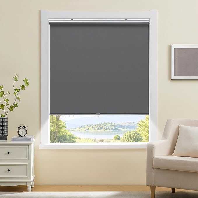 Cordless 100% Blackout Roller Shades for Windows,UV Protection Pull Down Shades,Room Darkening Door Blinds Thermal Insulated Fabric for Home Office and Bedroom(25" W x 72" H,Grey)