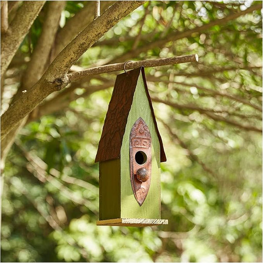 Glitzhome Distressed Green Solid Wood Birdhouse Hand Painted Hanging Bird House for Outdoors 13.25" H