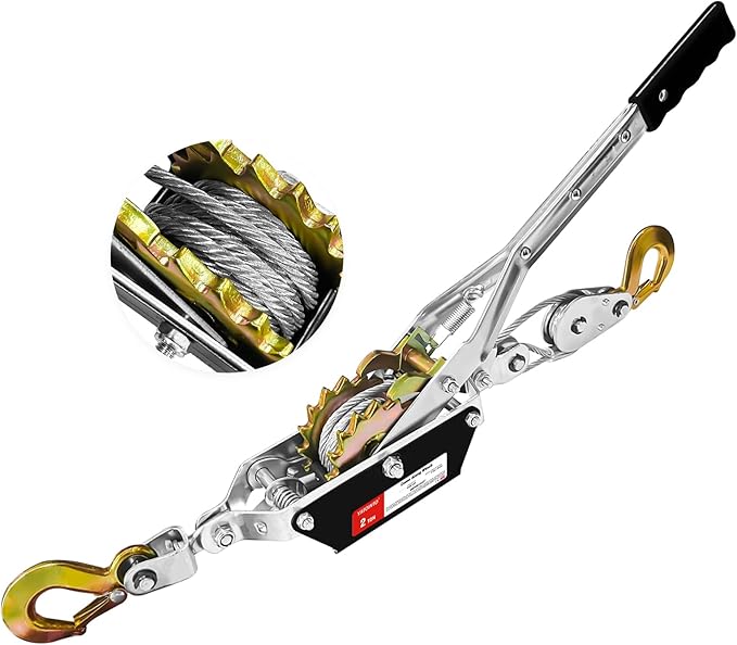 Come Along Winch 2 Ton 7ft Steel Cable Manual Winch with 2 Hooks & Dual Gears - Come Along Cable Puller for Automotive Hoist & Vehicle Rescue