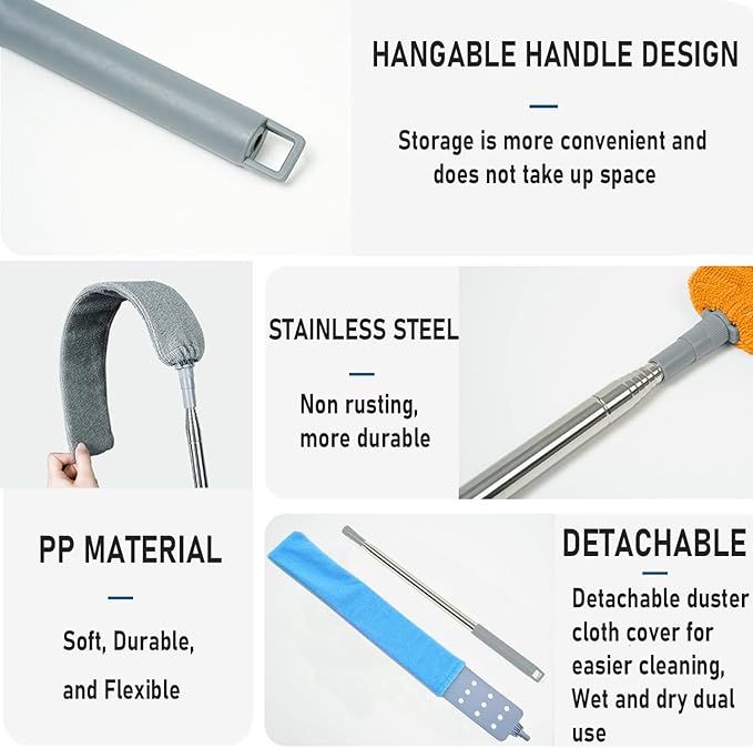 Retractable Gap Dust Cleaner Brush with 4 pcs Replacement Duster Cloth, 100 inches Extendable Pole, Flexible Microfiber Duster for Cleaning Under Refrigerator, Sofa,Couch Bed, Furniture