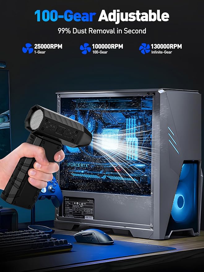 Compressed Air Duster 130000RPM Electric Duster with LED Light, 100 Gear Adjustable Rechargeable Cordless Air Blower Cleaning Tool for Keyboard,Electronic Devices,Car, Christmas Gifts for Men (Black)