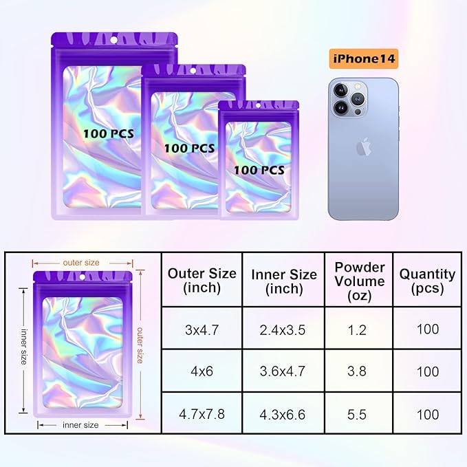 300 Pcs Holographic Mylar Bags, 3 Size Smell Proof Bags with Clear Window Foil Pouch Bags Resealable Bags for Small Business and Food Storage, Purple Pink