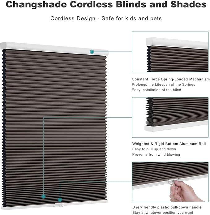 Changshade Cordless Cellular Shades, Blackout Honeycomb Shades for Windows, Pull Down Pleated Blinds, Easy to Install for Indoor Windows and French Doors,20" W x 36" H, Taupe