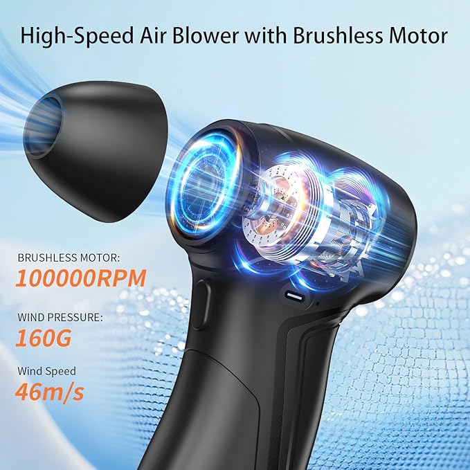 Rechargeable Compressed Air Duster for PC Computer, Cordless Mini Air Blower Portable, Super Powerful Dust Blower Speed Adjustable, Air Duster for Home, Outdoor, Leaf, Keyboard, Car Cleaning