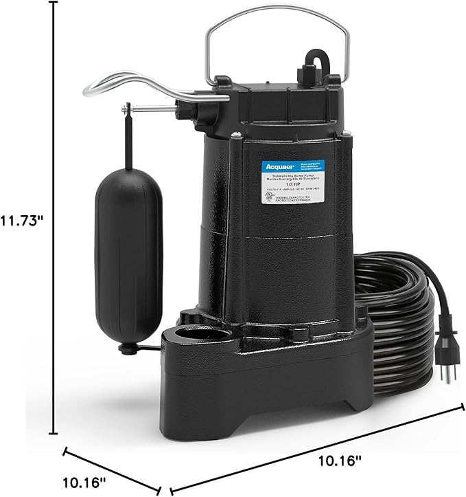 Acquaer 1/3 HP Submersible Sewage/Effluent Pump,3680 GPH Cast Iron Sump Pump with Automatic Integrated Snap-action Float Switch for Basement,Flooding Area…