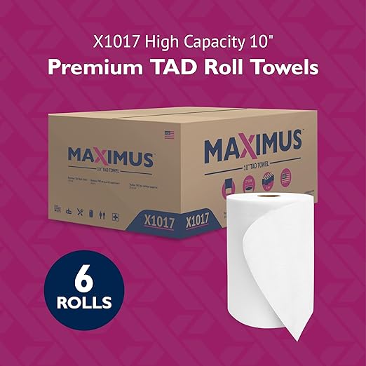 Maximus X1017 Premium TAD 10" Roll Paper Towels with Superior Absorbency, High Capacity Commercial Paper Towels Rolls Suitable for Office, Restaurant, and Healthcare Facilities, 6 Rolls Per Case