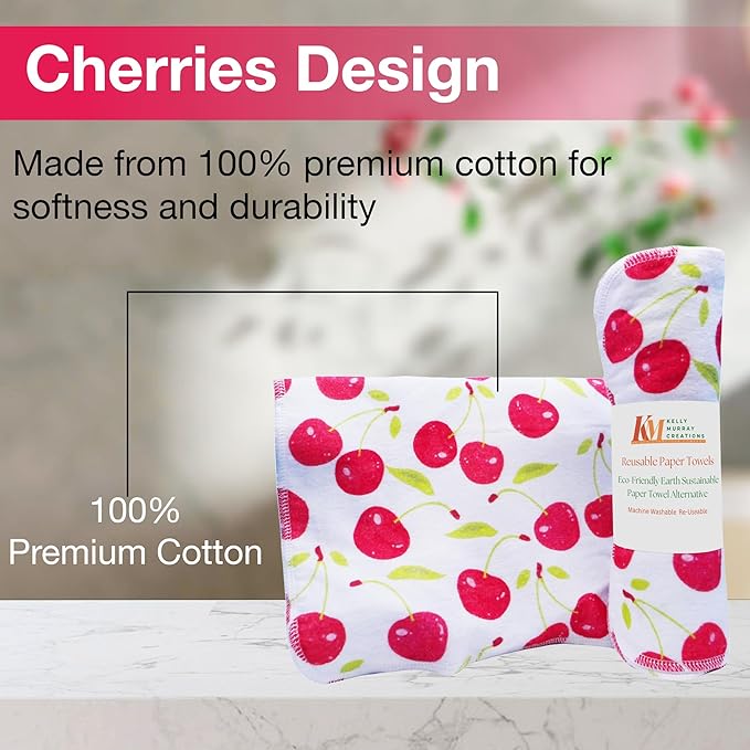 Pack of 10 Reusable Paper Towels | 10x10 Inch Cotton Towels | Kitchen Utensils Print | Eco Friendly, Washable, Quick Drying | Sustainable Cleaning Cloths | Cherries
