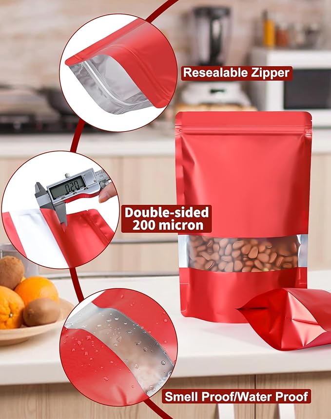 FireKylin 100 Pack Smell Proof Bags 7.1" x 10.2", Resealable Bags with Matte Window, Foil Pouch Stand Up Sealable Bags for Packaging（Red）