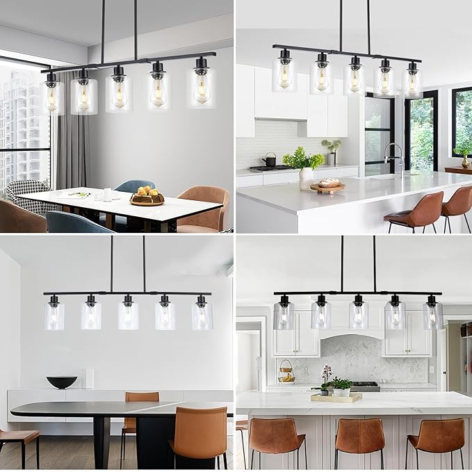 39.4" Kitchen Island Lighting, 5 Lights Clear Glass Pendant Light Fixtue, Black Linear Metal Chandelier for Dining&Living Room Foyer,Height Adjustable,E26 Socket