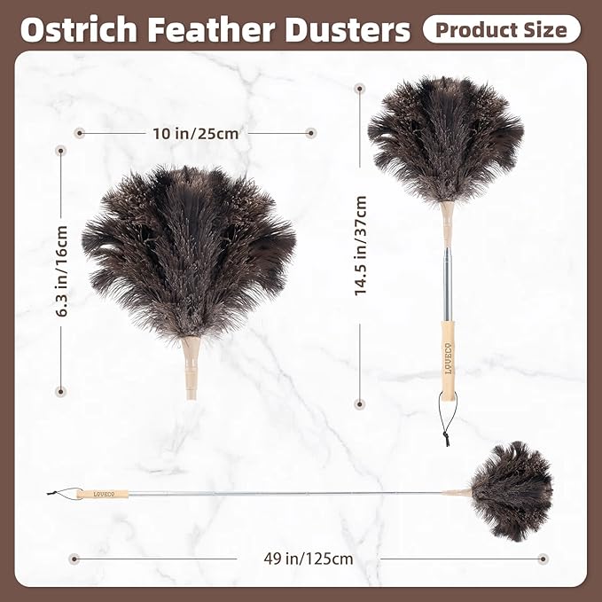 Ostrich Feather Dusters for Cleaning Kit - Reusable Soft Feather Duster Extendable to 49 inches for Cleaning Ceiling Fan, High Ceiling, Blinds & Retractable Small Duster for Keyboard, Brick Toy, Car