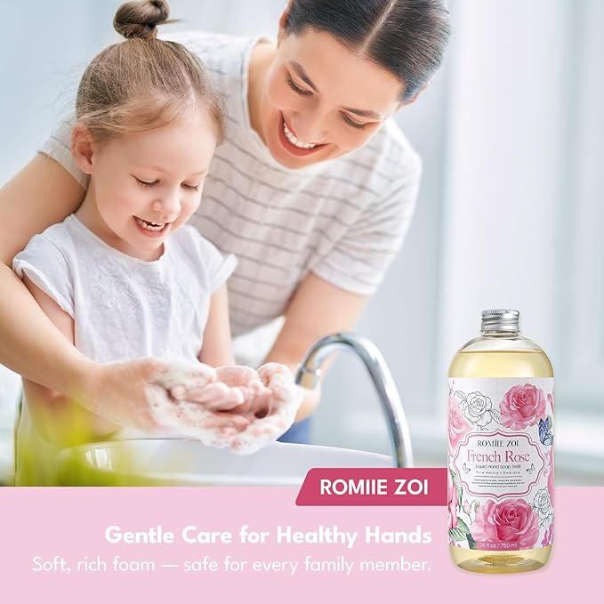 ROMIIE ZOI Rose Liquid Hand Soap Refill Gift Set – 3 Pack (26 Fl Oz Each), Romantic Floral Scent, Moisturizing & Gentle, Biodegradable Formula with Essential Oils for Bathroom, Kitchen