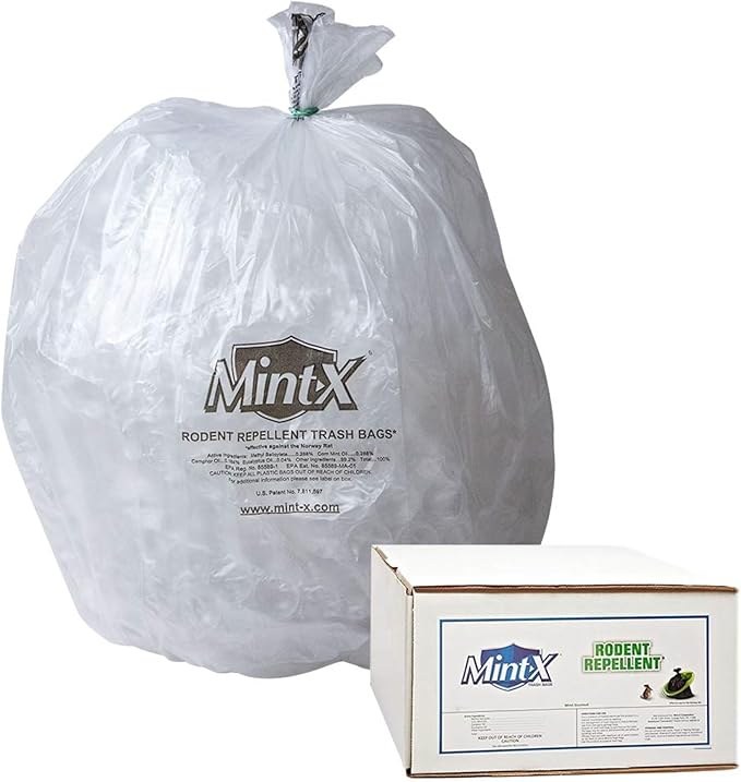 Mint-X Rodent Repellent Trash Bags, 1.3 Mil, Flat Seal, 46" Height x 40" Length, Clear (Pack of 100),MX4046XHC