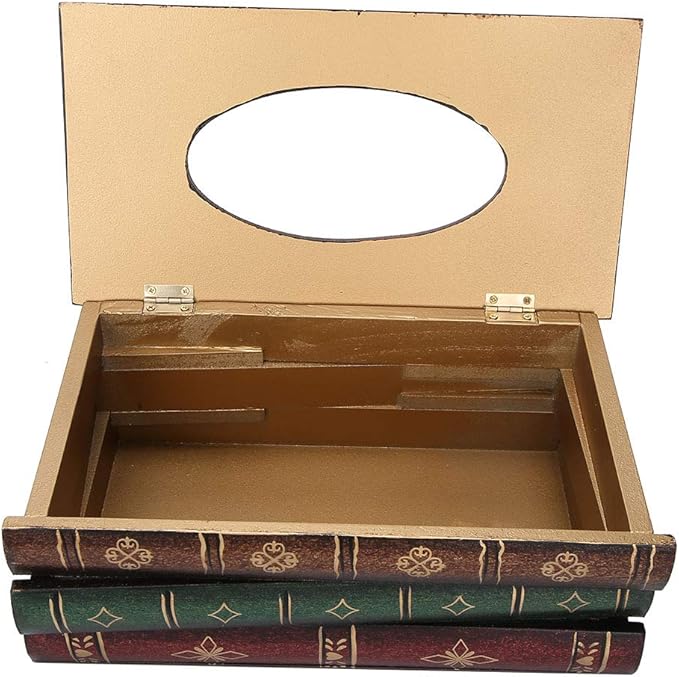 Book Shaped Tissue Box, Wooden Tissue Box with Hand Painted Antique, Large Capacity Napkin Holder for Home Car Decor, Storage Box for Small Items