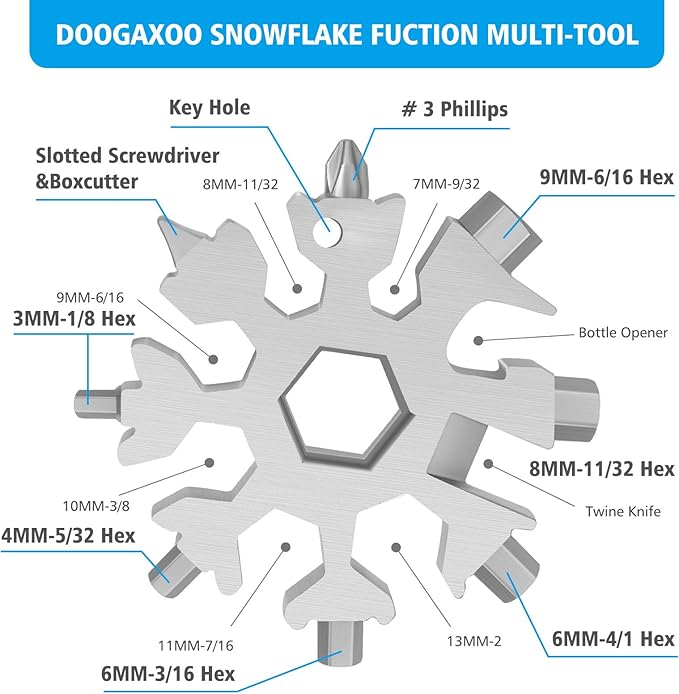 18-in-1 Snowflake Multi Tool,Function Stainless Steel Bottle Opener/Wrench, Flat Cross Screwdriver Kit Snowflake, Outdoor Durable and Portable，Great Gift for Mens (silvery)