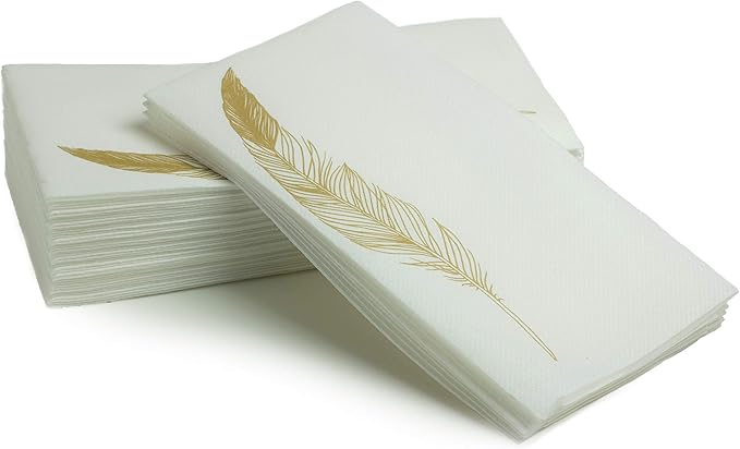 SimuLinen Decorative Gold Feather Design Paper Towels - Hand Towels for Bathroom - Cloth-Like, Linen-Feel for Guest Bathroom Essentials, Size: 12x17” (Pack of 500) Made in Germany