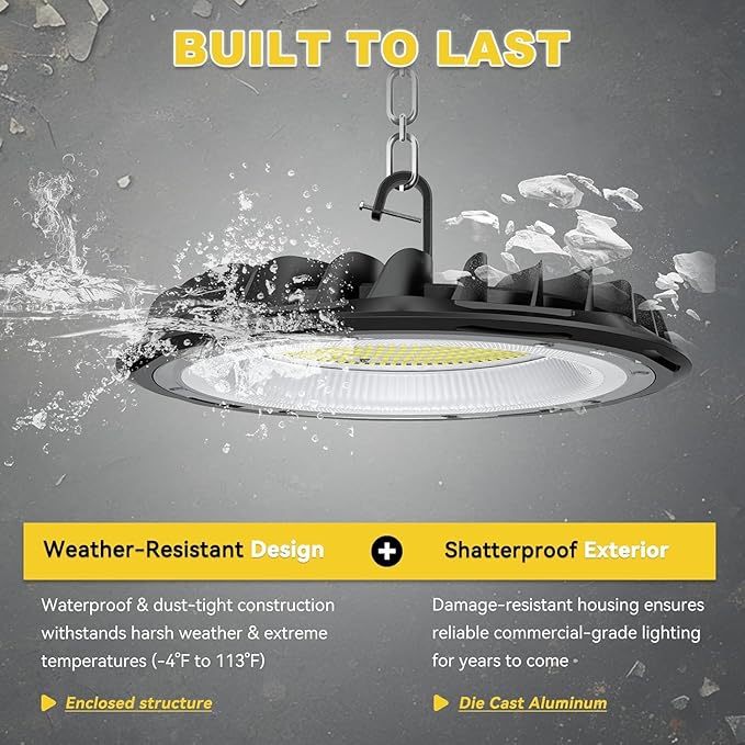 hunhun 4 Pack ETL 155W UFO LED High Bay Light, 22500lm, Daylight 5000K, US Plug,110-277V, IP65 Waterproof Commercial LED Shop Lights for Workshop Factory Barn Warehouse, Garage ETL Listed